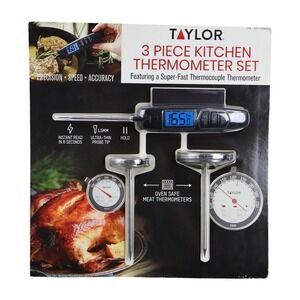 Taylor 3 Piece Kitchen Thermometer Set Digital Oven Safe Meat Probes Silver